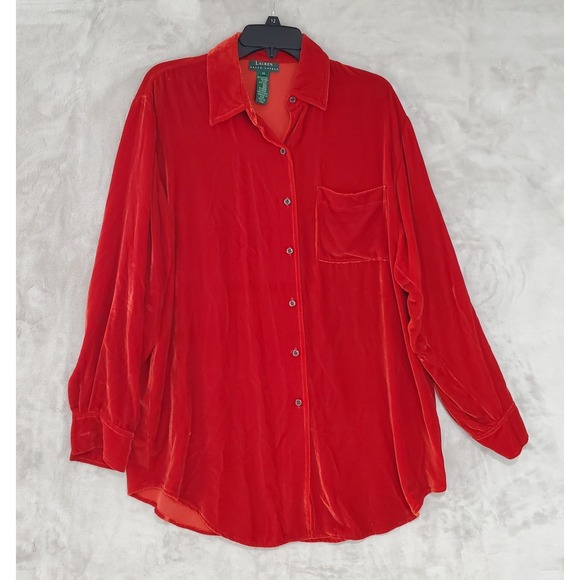 Ralph Lauren Tops - Vintage Lauren Ralph Lauren Red Velvet‎ Top Womens M Button Down Silk Blend EUC